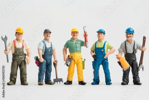 Five comical worker figurines with tools on a white backdrop, engaged in lighthearted tasks