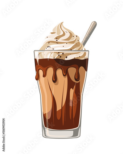 A glass of chocolate milk with a straw in it. The chocolate milk is topped with whipped cream and drizzled with chocolate sauce. vector illustration isolatedon transparent background. PNG clipart