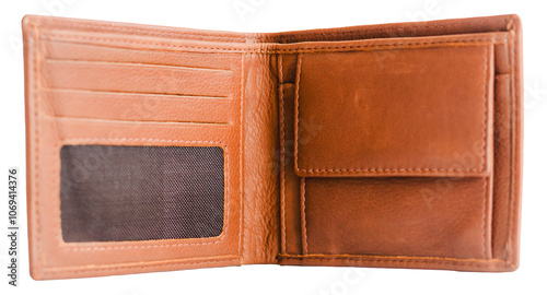 Genuine leather men's bifold wallet. open an empty wallet on a white background.