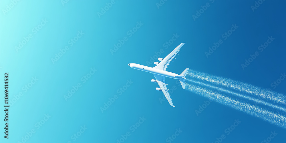 Obraz premium commercial airplane flying high in clear blue sky, leaving vapor trail behind. scene evokes sense of freedom and adventure
