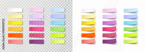 Post note stickers isolated on transparent and white backgrounds. Vector colorful paper sticky tapes set with shadow templates