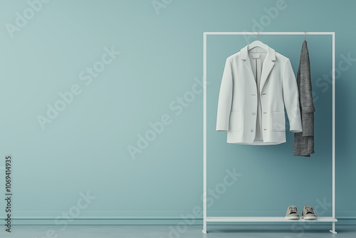 Minimalist fashion display featuring white blazer and gray pants on rack against light blue wall, creating stylish and modern atmosphere