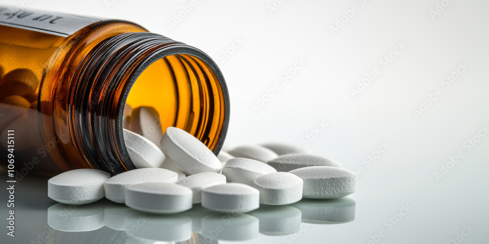 bottle of white pills spilling onto reflective surface, showcasing their round shape and smooth texture. scene conveys sense of abundance and accessibility bottle of white pills spilling onto reflective surface, showcasing their round shape and smooth texture. scene conveys sense of abundance and accessibility