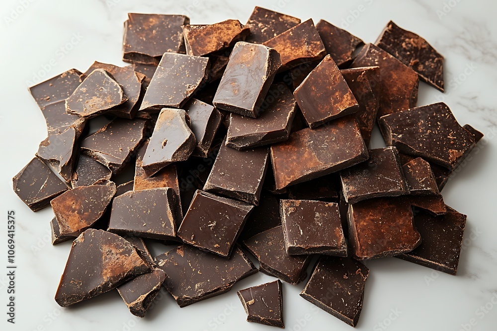 A delicious pile of broken dark chocolate squares. A delicious pile of broken dark chocolate squares.
