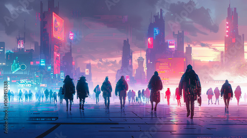 Futuristic Urban Crowd in Neon-Lit Cityscape at Dusk, Digital Art, Concept of Future Urbanization and Technology, Nightlife in a Cyberpunk Metropolis photo