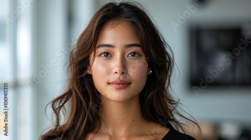 Confident Young Asian Businesswoman in Modern Office Setting, Professional Portrait, Bright and Natural Lighting, Concept of Leadership and Career Success, Isolated White Background