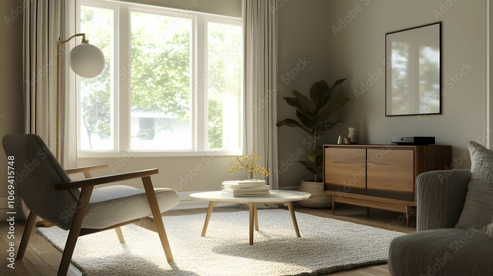 Fototapeta premium Subtle Minimalist Vintage-Inspired Living Room with Mid-Century Modern Accents, Soft Neutral Tones, and Timeless Elegance