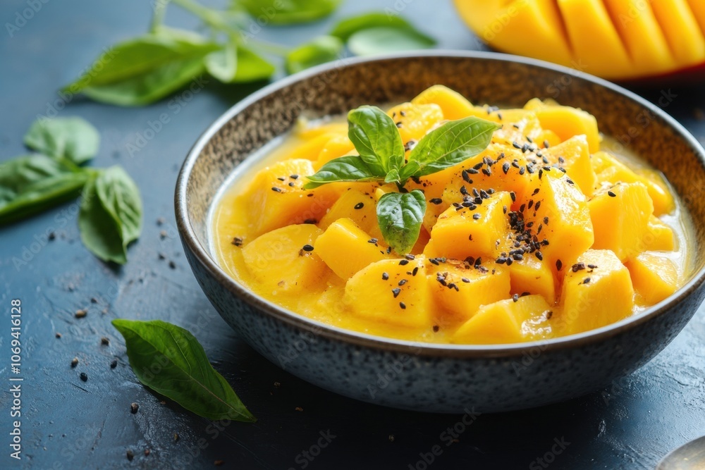 Gourmet mango dessert with tuna and fresh herbs sprinkled with black sesame seeds Gourmet mango dessert with tuna and fresh herbs sprinkled with black sesame seeds