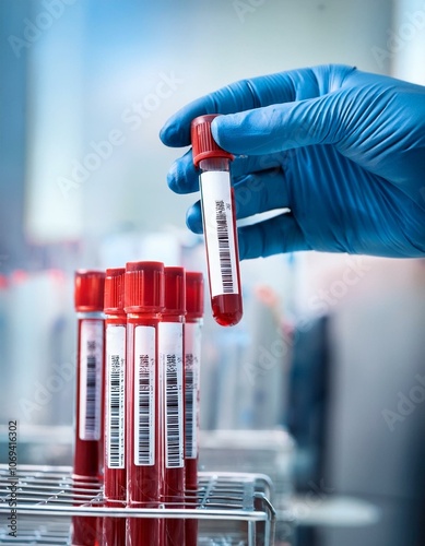 gloved hand holding blood sample test tube in laboratory