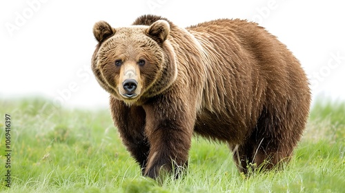 A large brown bear stands in a grassy field, looking directly at the camera.