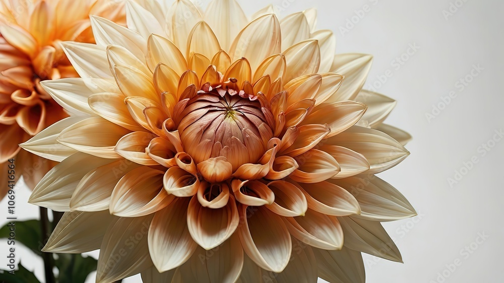 A close-up of a stunning dahlia flower with soft peach hues. A close-up of a stunning dahlia flower with soft peach hues.