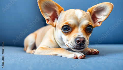 Close-up of a beige chihuahua lying on a blue couch, looking curiously at the camera with expressive eyes isolated with white highlights, png photo