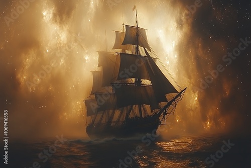 A majestic sailing ship navigates a foggy, starlit sea. photo