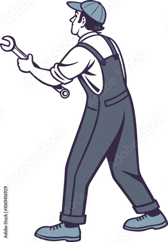 A mechanic in overalls holding a wrench and wearing a work cap, on a white background.