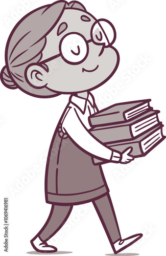 A teacher holding a stack of books and wearing glasses, smiling warmly, on a white background.