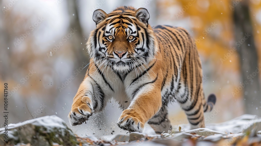 A majestic Siberian tiger with orange and black stripes runs towards the camera in a snowy forest. A majestic Siberian tiger with orange and black stripes runs towards the camera in a snowy forest.