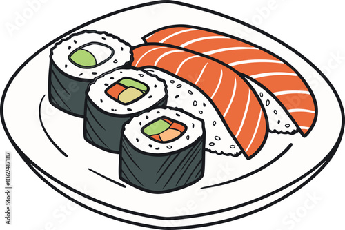 Plate of sushi with nigiri and maki rolls, including salmon, avocado, and rice, on a white background.