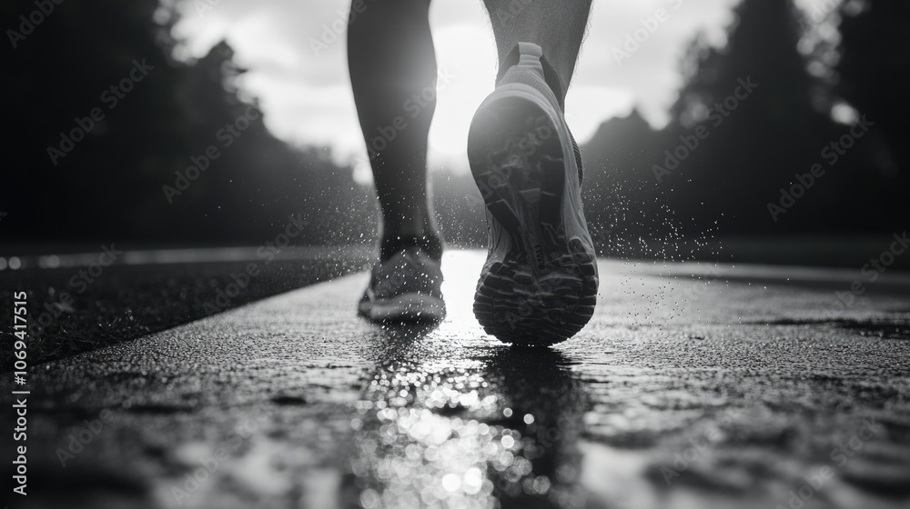 health and workout concept black and white picture of running feet for exercise in the morning sunrise.