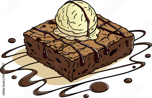 Warm brownie square topped with a scoop of vanilla ice cream and chocolate sauce, on a white background.