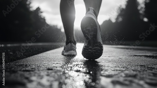 Obraz na płótnie health and workout concept black and white picture of running feet for exercise in the morning sunrise. w salonie