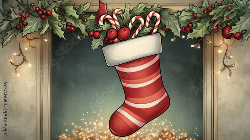 Christmas stocking hanging with festive decorations and candy canes in a cozy setting photo