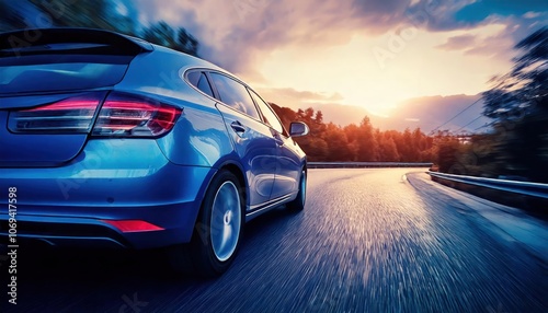 Rear view of blue Business car on high speed in turn. Blue car rushing along a high-speed