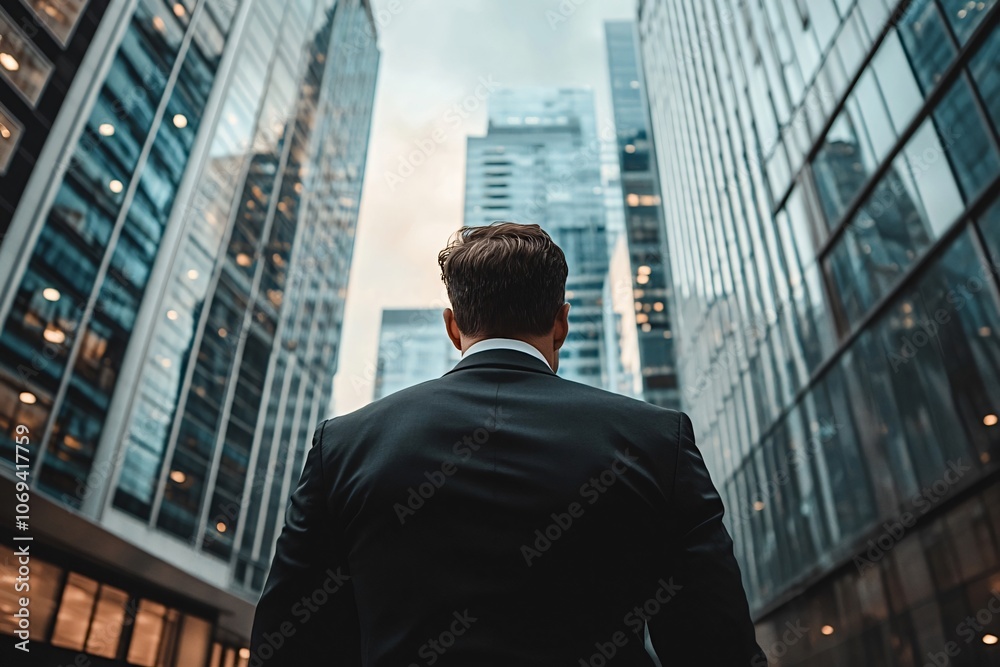 Confident businessman in sharp suit walks through financial district, gazing at skyscrapers, embodying ambition and leadership. City streets alive with energy as he navigates urban landscape Confident businessman in sharp suit walks through financial district, gazing at skyscrapers, embodying ambition and leadership. City streets alive with energy as he navigates urban landscape