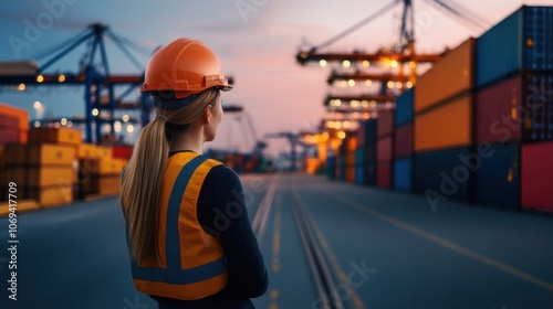 Warehouse Worker Overseeing Container Operations at Dusk