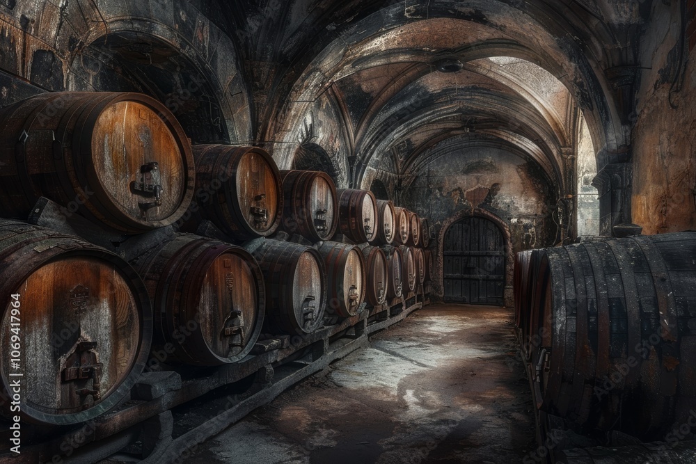 photo of an old-world wine cellar filled with time-honored oak barrels, evoking a sense of history photo of an old-world wine cellar filled with time-honored oak barrels, evoking a sense of history