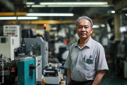 Portrait of senior engineer supervising production in high tech manufacturing plant