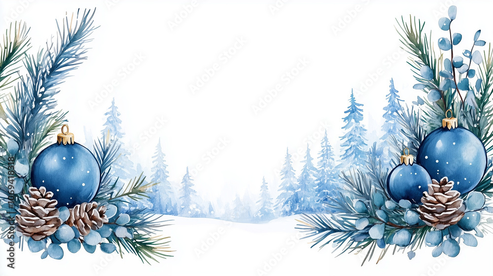Christmas decorations with blue ornaments in a winter landscape featuring pinecones and evergreen branches