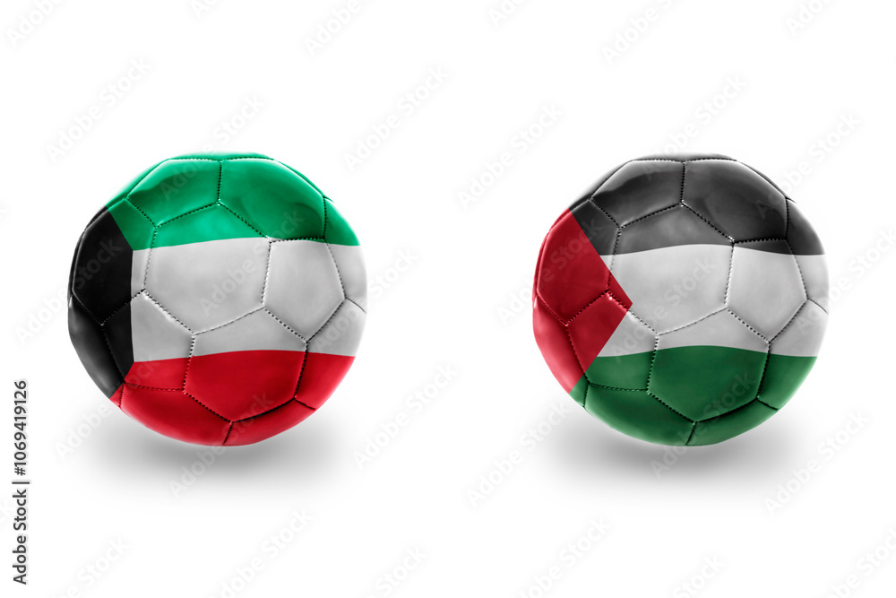 Fototapeta premium football balls with national flags of palestine and kuwait ,soccer teams. on the white background.