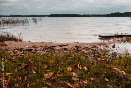 Retro boat in a misty lake. Fog in Shatsky lake, Ukraine. High resolution photo. photo