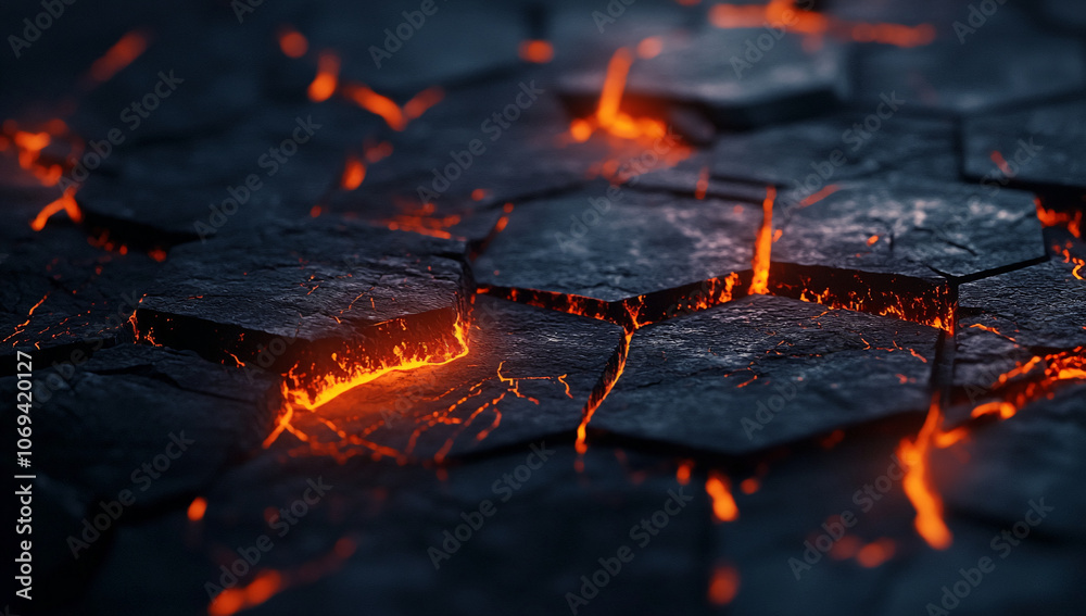 Molten lava flows through cracks in the dark, hexagonal rock, illuminating the scene with an ominous glow Molten lava flows through cracks in the dark, hexagonal rock, illuminating the scene with an ominous glow