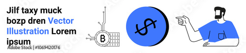 Cryptocurrency bitcoin network element, dollar sign on blue circle, and bearded man pointing. Ideal for fintech blogs, digital wallets, user guides, financial apps, investment websites, blockchain