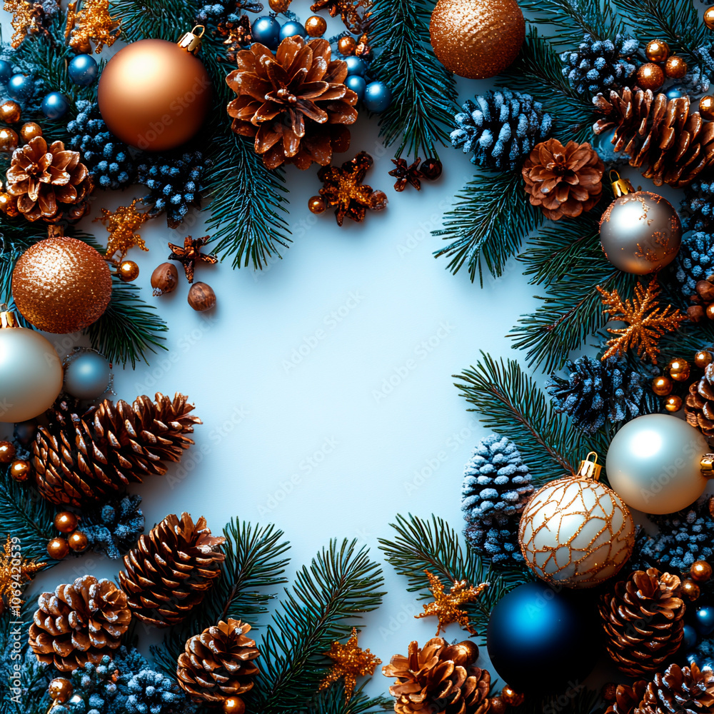 Flat lay of Christmas ornaments, pine cones, and festive decorations arranged on a white background. Flat lay of Christmas ornaments, pine cones, and festive decorations arranged on a white background.