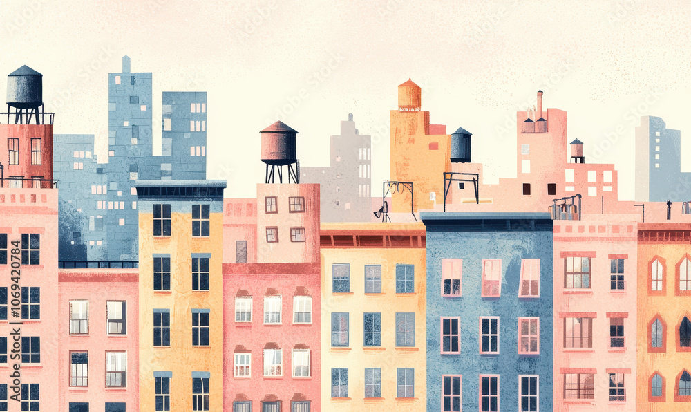Vibrant Cityscape with Iconic Water Towers and Colorful Buildings Vibrant Cityscape with Iconic Water Towers and Colorful Buildings