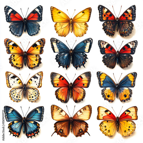 Set of different butterfly on white background