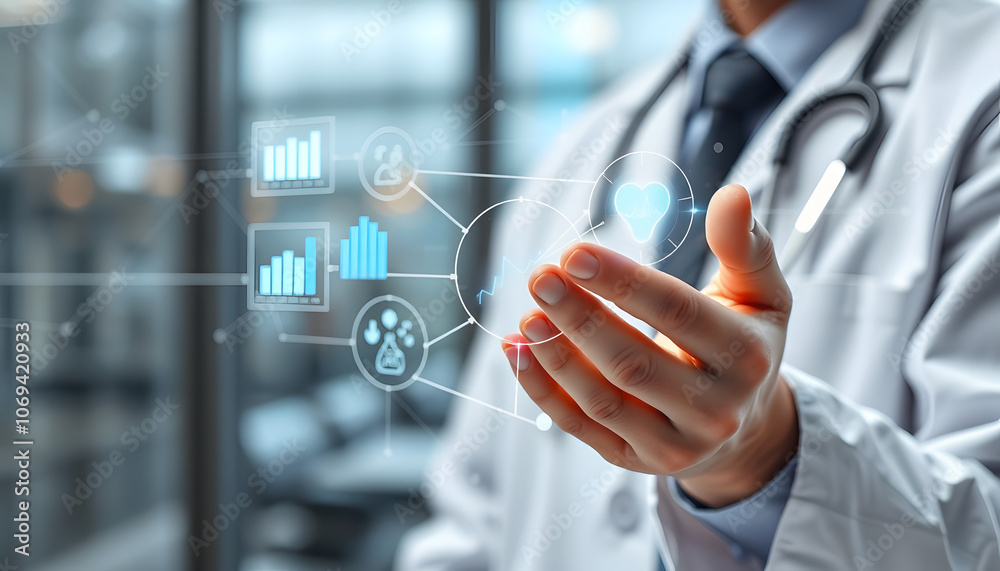 Obraz premium Medical business, Banking and financial, Doctor using intelligence network connecting data analysis and diagnose patient health on Innovation technology in modern medical and science isolated with 