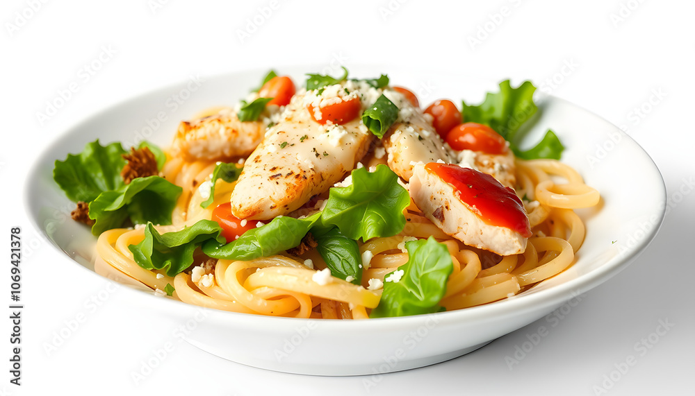 Chicken Caesar Pasta Salad with sauce in white plate. Healthy food isolated with white highlights, png Chicken Caesar Pasta Salad with sauce in white plate. Healthy food isolated with white highlights, png