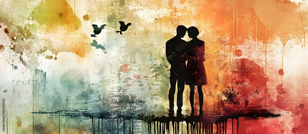 Obraz premium A romantic silhouette of a couple standing close together against a vibrant, abstract watercolor background.
