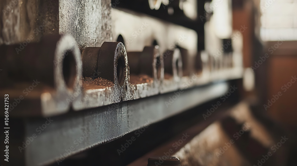 Close-up of a steel rolling mill where steel bars or sheets are rolled and cooled Close-up of a steel rolling mill where steel bars or sheets are rolled and cooled
