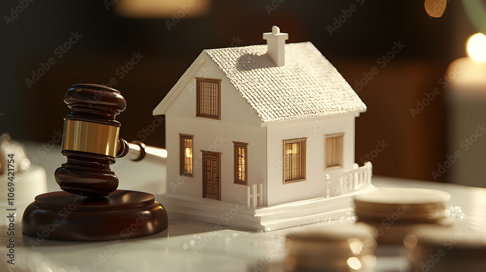 Close up Conceptual White Miniature House on Top of the Table Beside Court Gavel Close up Conceptual White Miniature House on Top of the Table Beside Court Gavel
