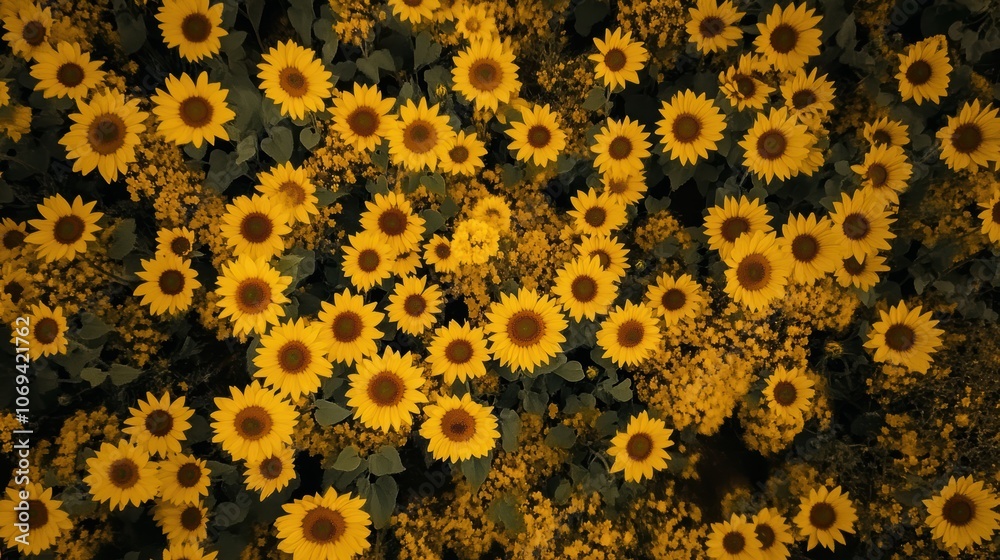 Aerial view of vibrant sunflowers in full bloom captured by drone Aerial view of vibrant sunflowers in full bloom captured by drone
