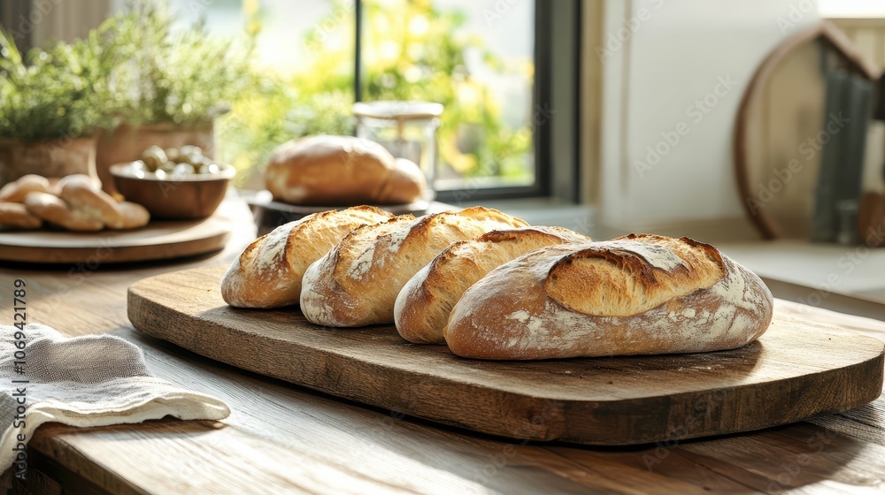 Freshly baked artisan bread on rustic wooden table for culinary inspiration and dining elegance Freshly baked artisan bread on rustic wooden table for culinary inspiration and dining elegance