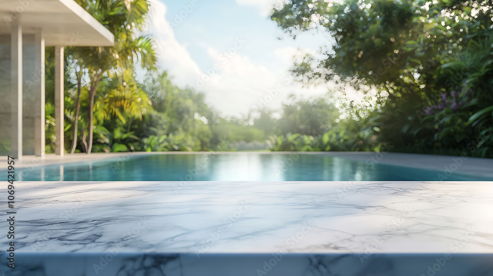 Empty marble table in front with blurred background of swimming pool Empty marble table in front with blurred background of swimming pool