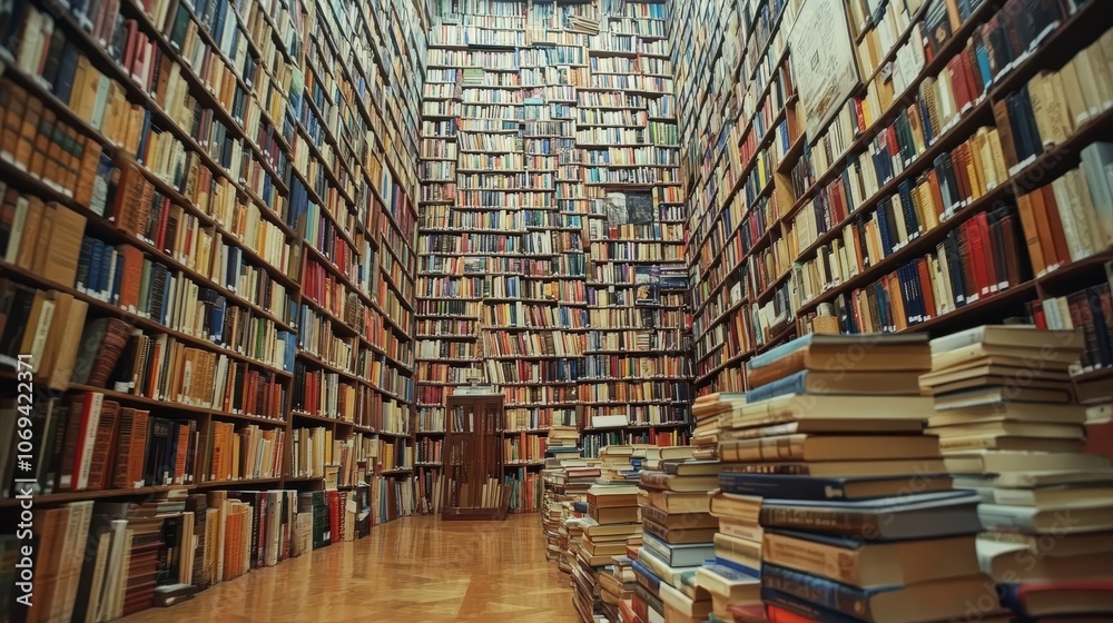 Fototapeta premium Expansive library wall brimming with thousands of books, showcasing literature and education