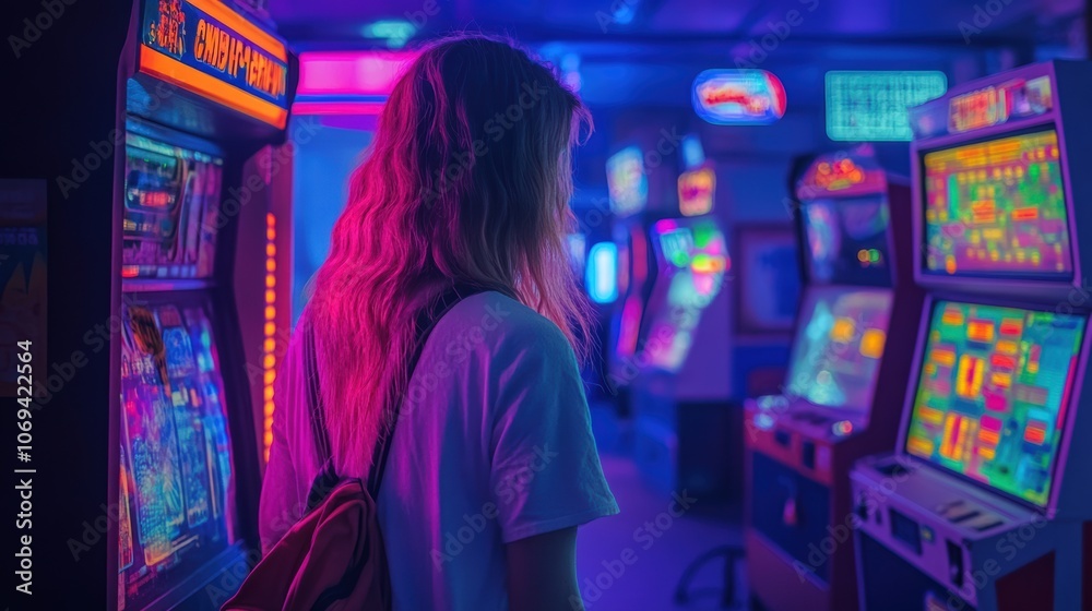 Naklejka premium Nostalgic arcade adventure in vibrant neon pixel art style