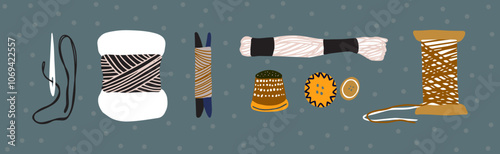 Sewing horizontal banner needlework vector artwork