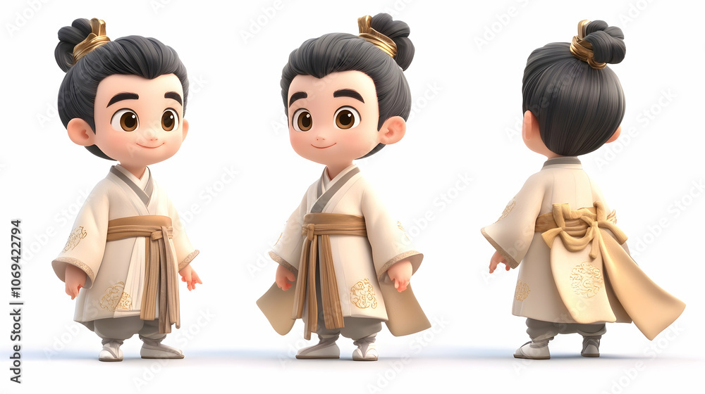 Naklejka premium 3D rendering of a cute cartoon boy in traditional Chinese clothing, viewed from three different angles.